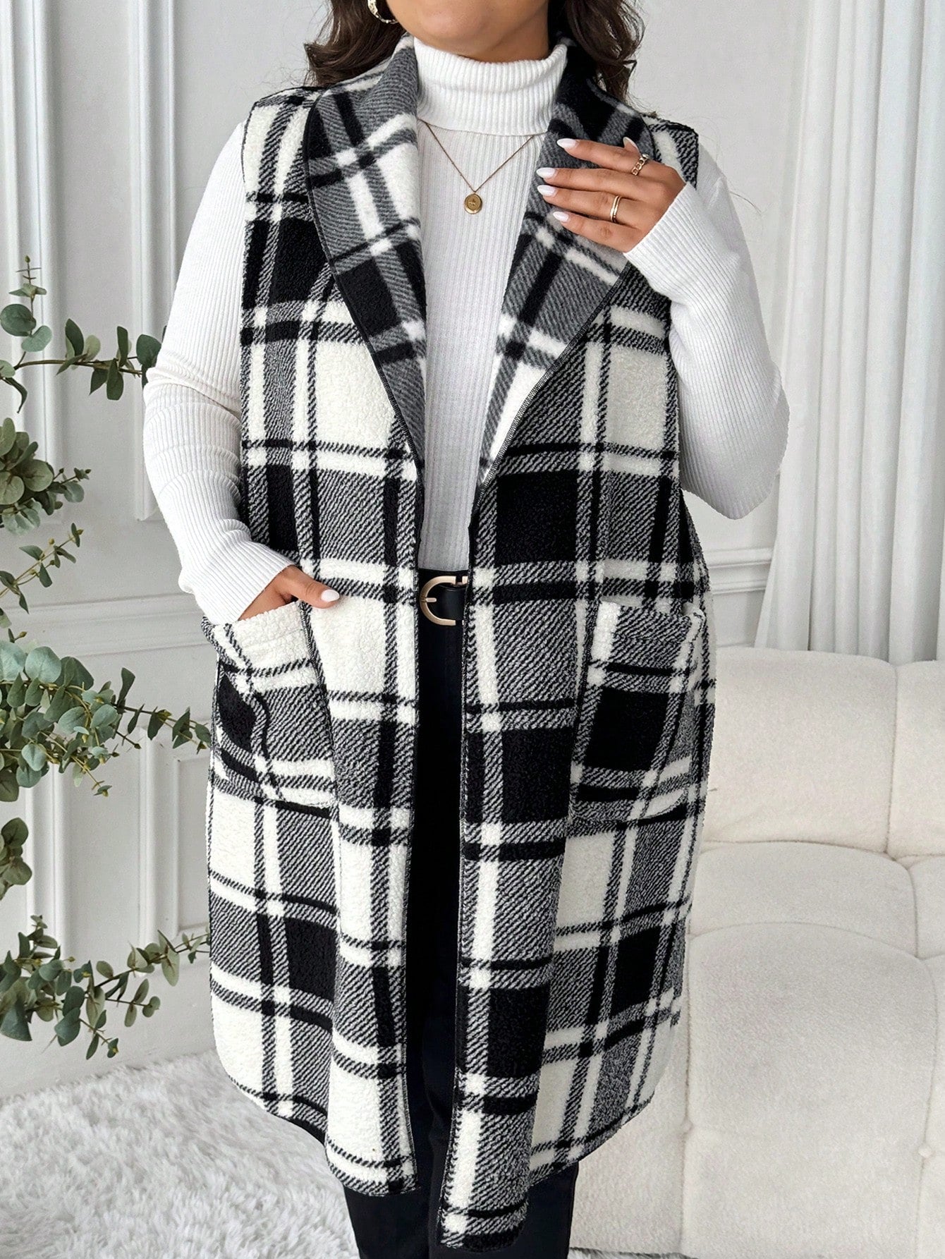 LUNE Plus Size Lapel Sleeveless Open Front Reversible Plaid Print Mid-Length Jacket Winter Fall Autumn Bussines Formal Office Casual Elegant