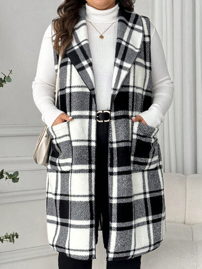 LUNE Plus Size Lapel Sleeveless Open Front Reversible Plaid Print Mid-Length Jacket Winter Fall Autumn Bussines Formal Office Casual Elegant