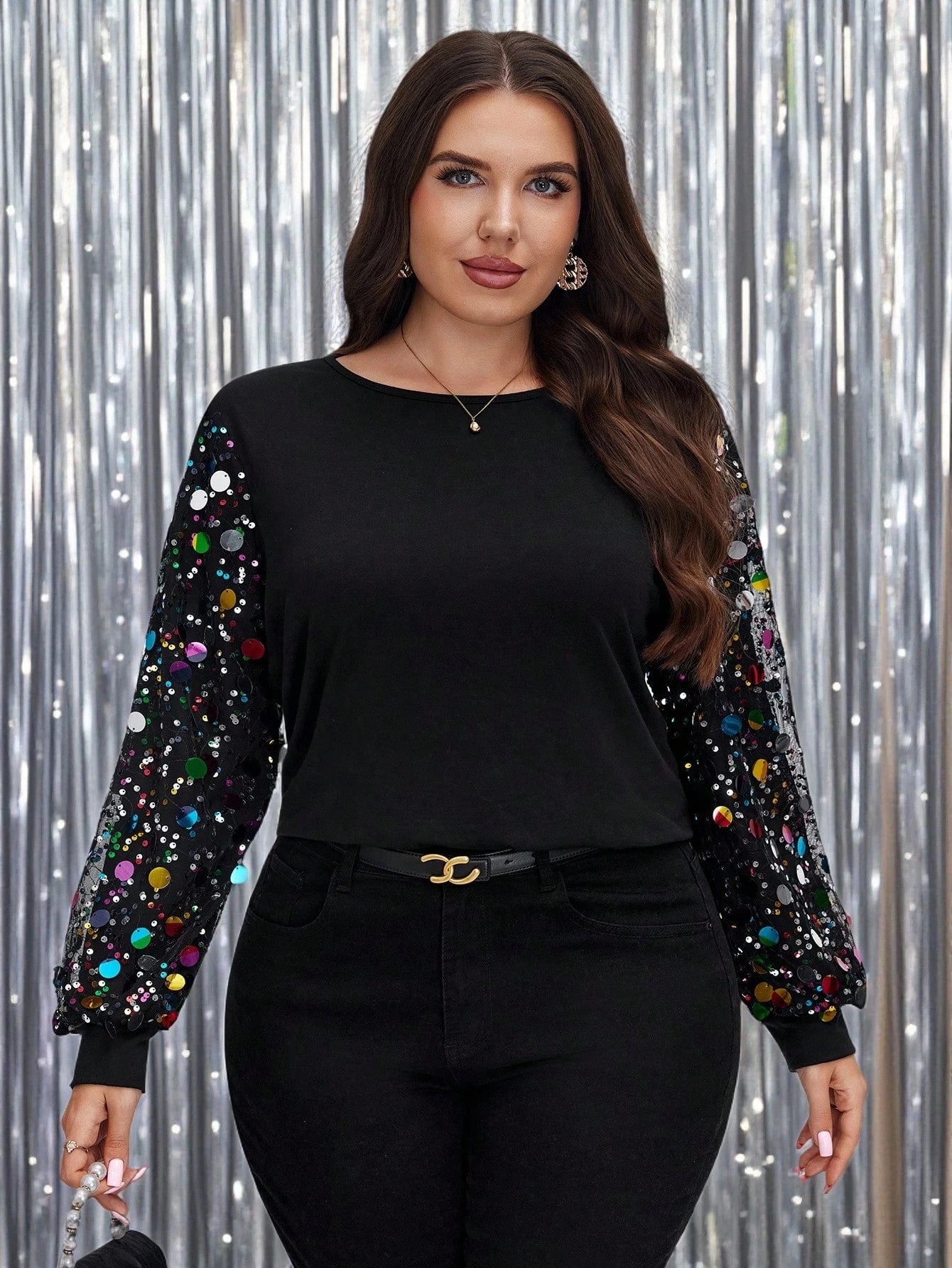 LUNE Plus Size Loose Fit Sequin Patchwork Black Top, Sparkly Sequin Winter Fall 2025 New Year Christmas Top