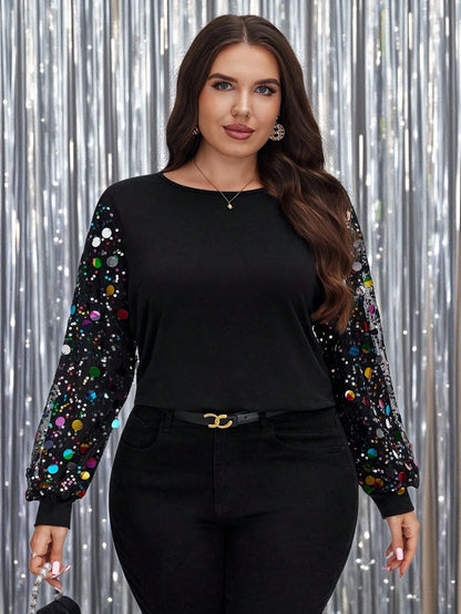 LUNE Plus Size Loose Fit Sequin Patchwork Black Top, Sparkly Sequin Winter Fall 2025 New Year Christmas Top