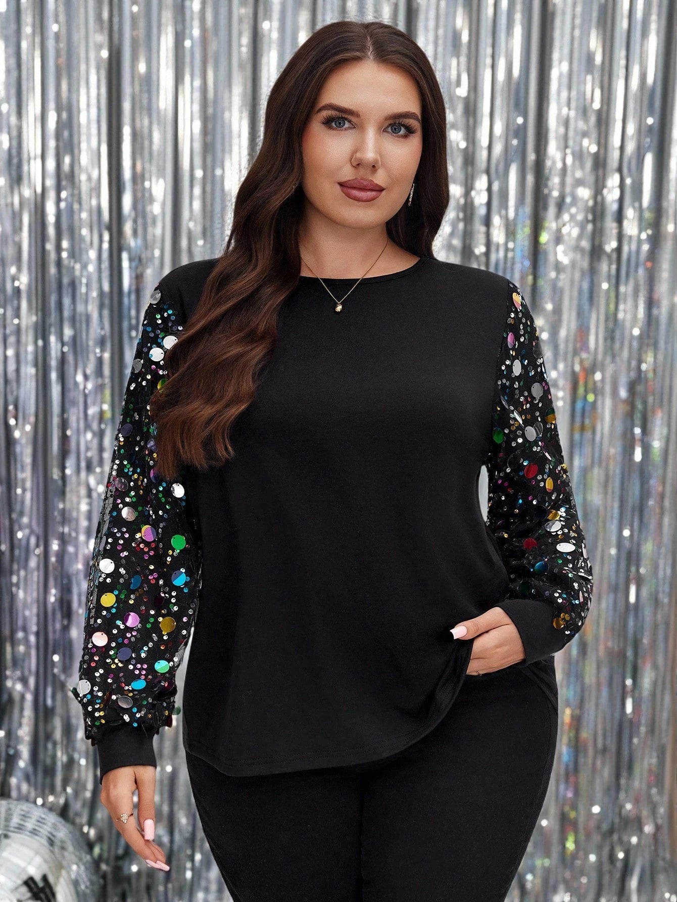 LUNE Plus Size Loose Fit Sequin Patchwork Black Top, Sparkly Sequin Winter Fall 2025 New Year Christmas Top