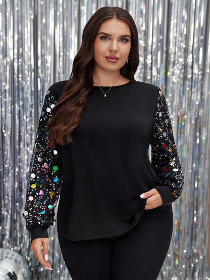 LUNE Plus Size Loose Fit Sequin Patchwork Black Top, Sparkly Sequin Winter Fall 2025 New Year Christmas Top