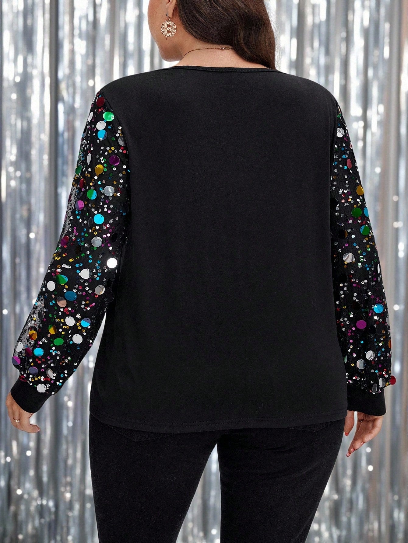LUNE Plus Size Loose Fit Sequin Patchwork Black Top, Sparkly Sequin Winter Fall 2025 New Year Christmas Top