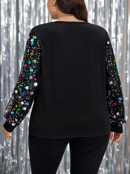 LUNE Plus Size Loose Fit Sequin Patchwork Black Top, Sparkly Sequin Winter Fall 2025 New Year Christmas Top