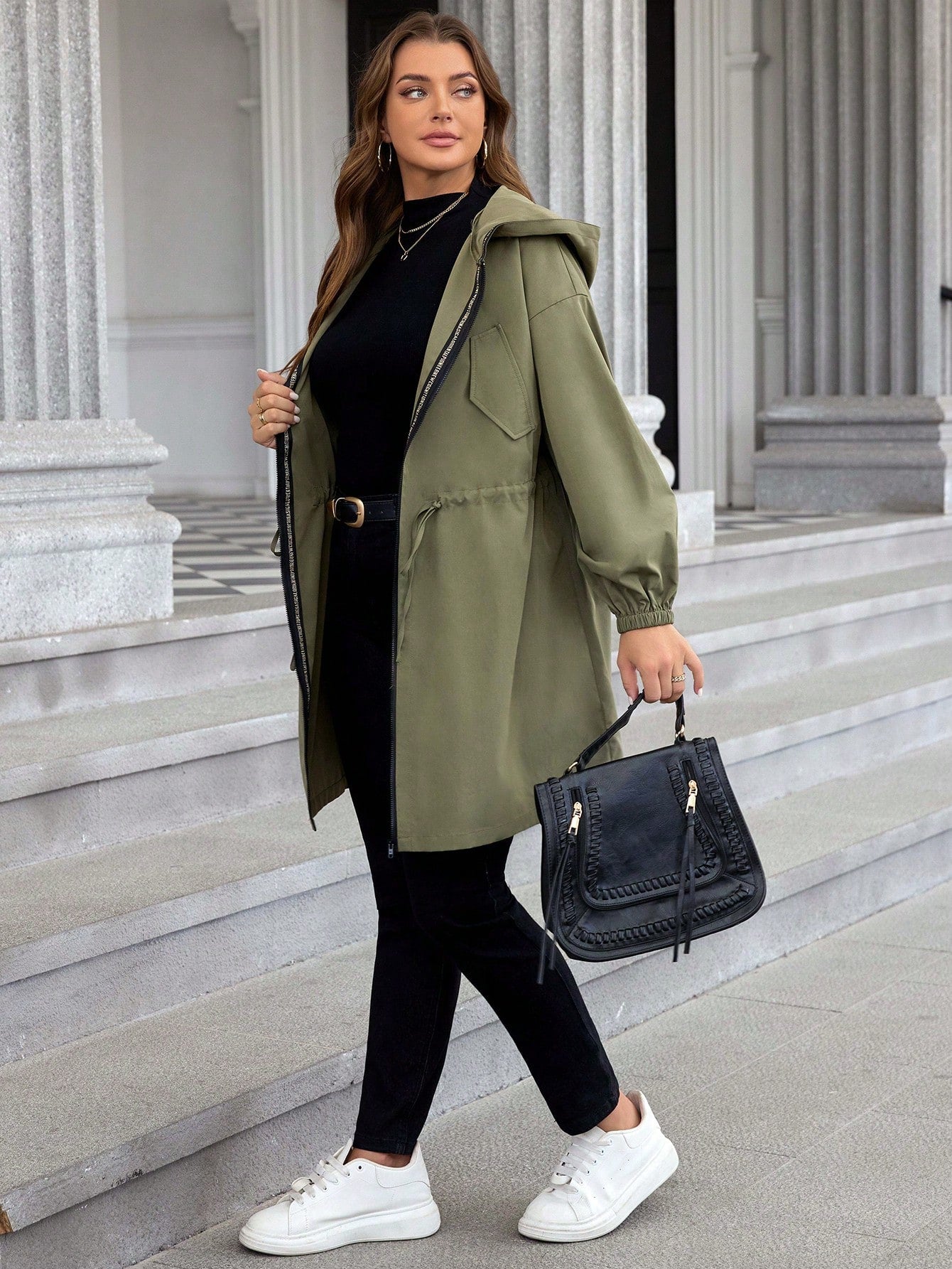 LUNE Plus Size Plain Color Hooded Zipper Front Casual Long Sleeve Jacket Plus Size Fall Clothes