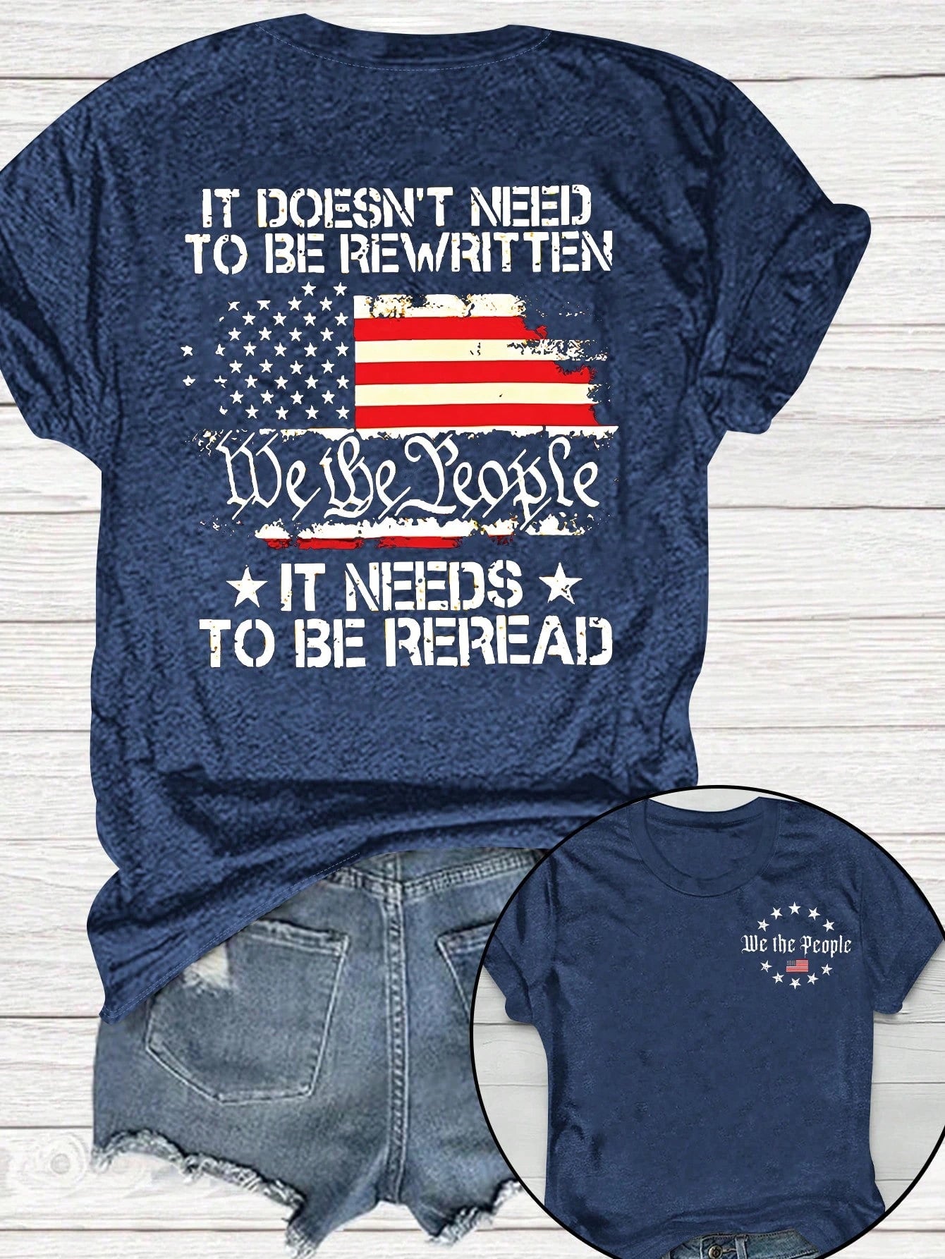 LUNE Plus Size Retro American Flag Print Casual Short Sleeve T-Shirt Graphic Tees Women Tops, For Summer