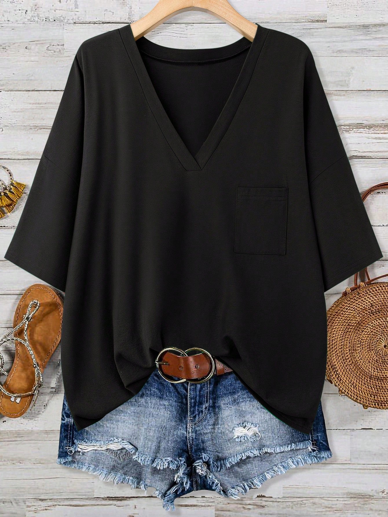 LUNE Plus Size Saint Patrick's Day Black Pocket T-Shirt Summer Break Club Boho Casual Formal Rave Festival Old Money Style Women