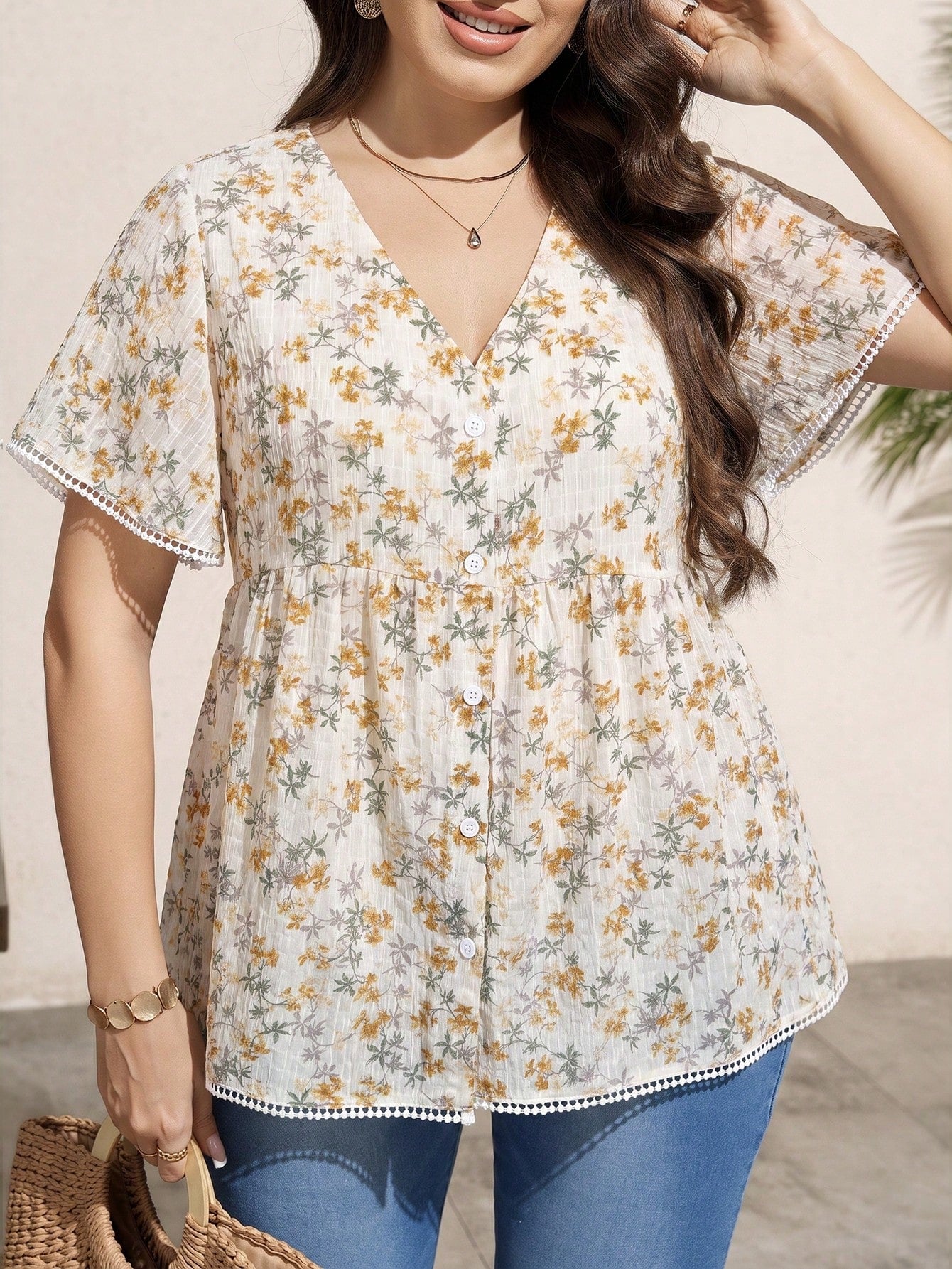 LUNE Plus Size Summer Casual Gothic Traditional Whimsical Floral Print Shirt Airport Bussines Vacation Beige