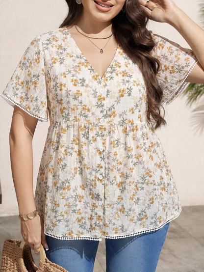 LUNE Plus Size Summer Casual Gothic Traditional Whimsical Floral Print Shirt Airport Bussines Vacation Beige
