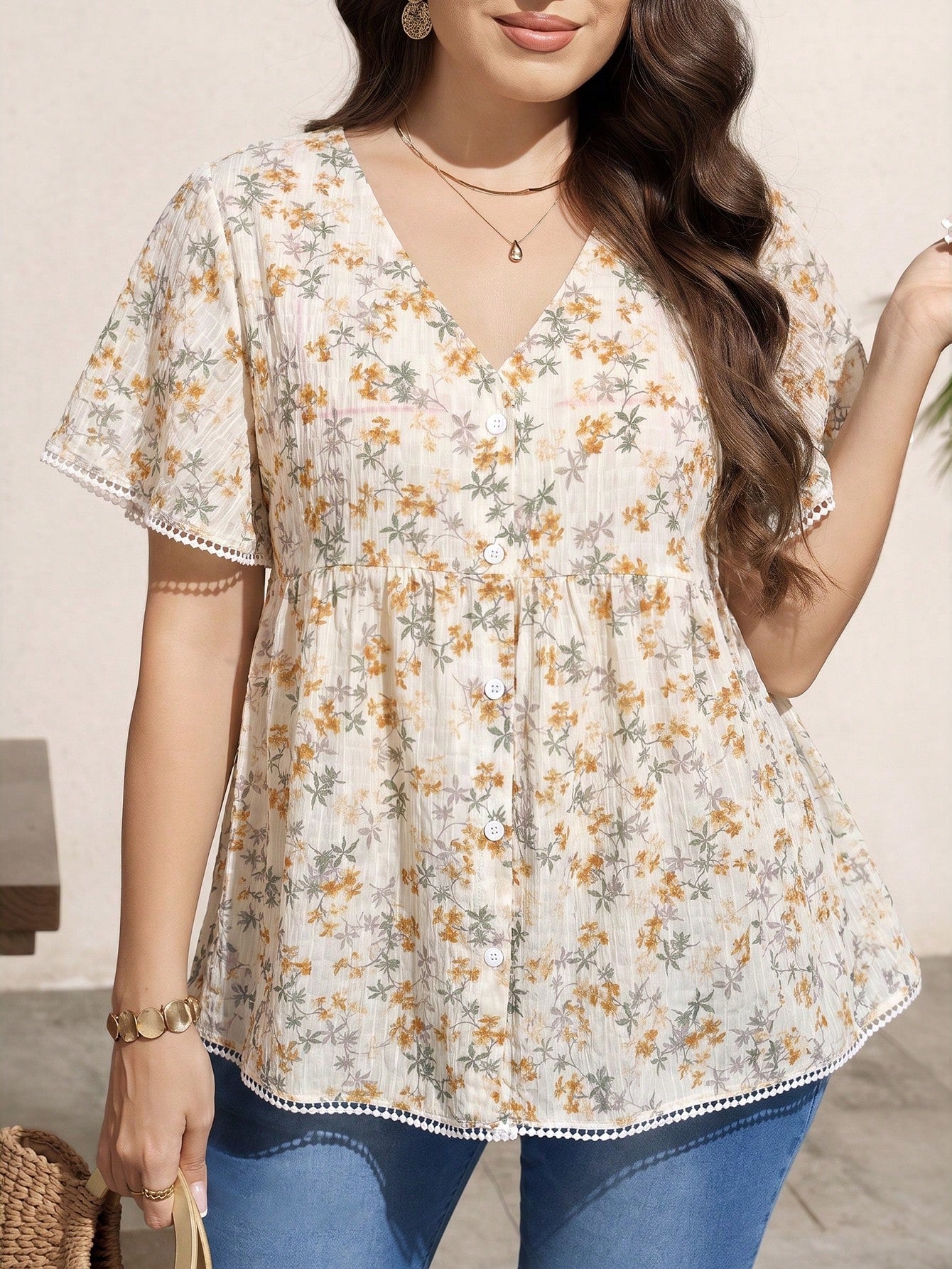 LUNE Plus Size Summer Casual Gothic Traditional Whimsical Floral Print Shirt Airport Bussines Vacation Beige