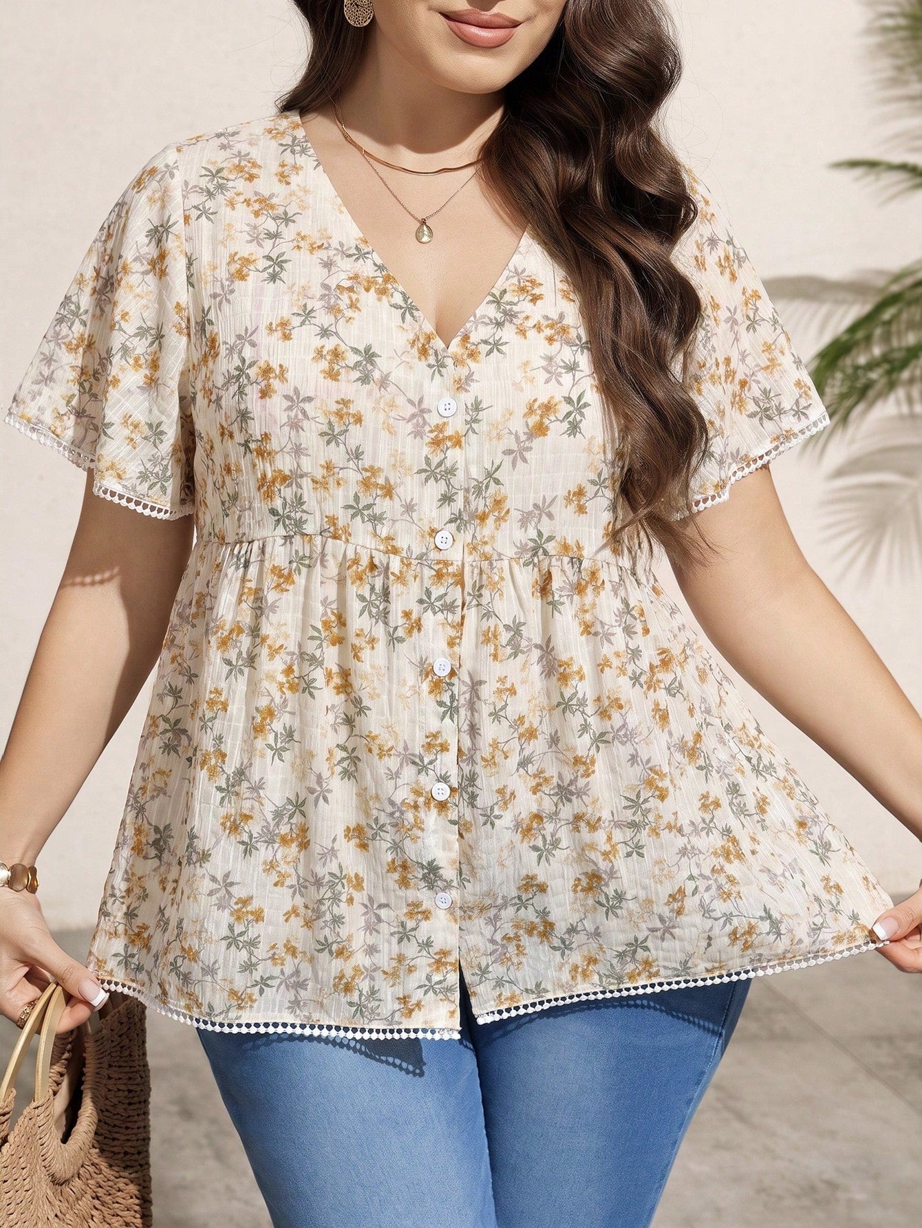 LUNE Plus Size Summer Casual Gothic Traditional Whimsical Floral Print Shirt Airport Bussines Vacation Beige
