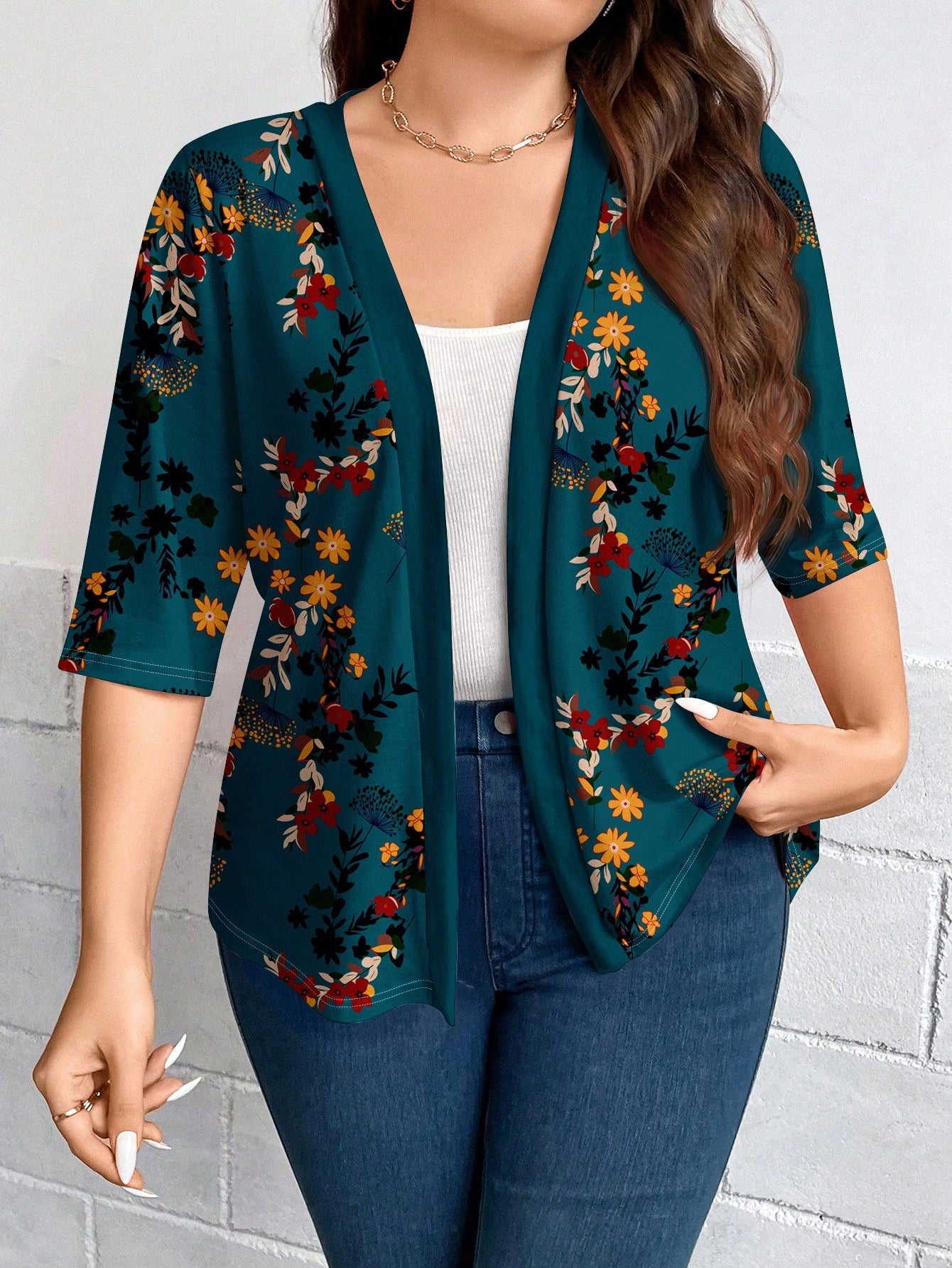 LUNE Plus Size Women Casual Elegant Floral Print 3/4 Sleeve Thin Cardigan Jacket, Suitable For Outings, Autumn/Winter Fall