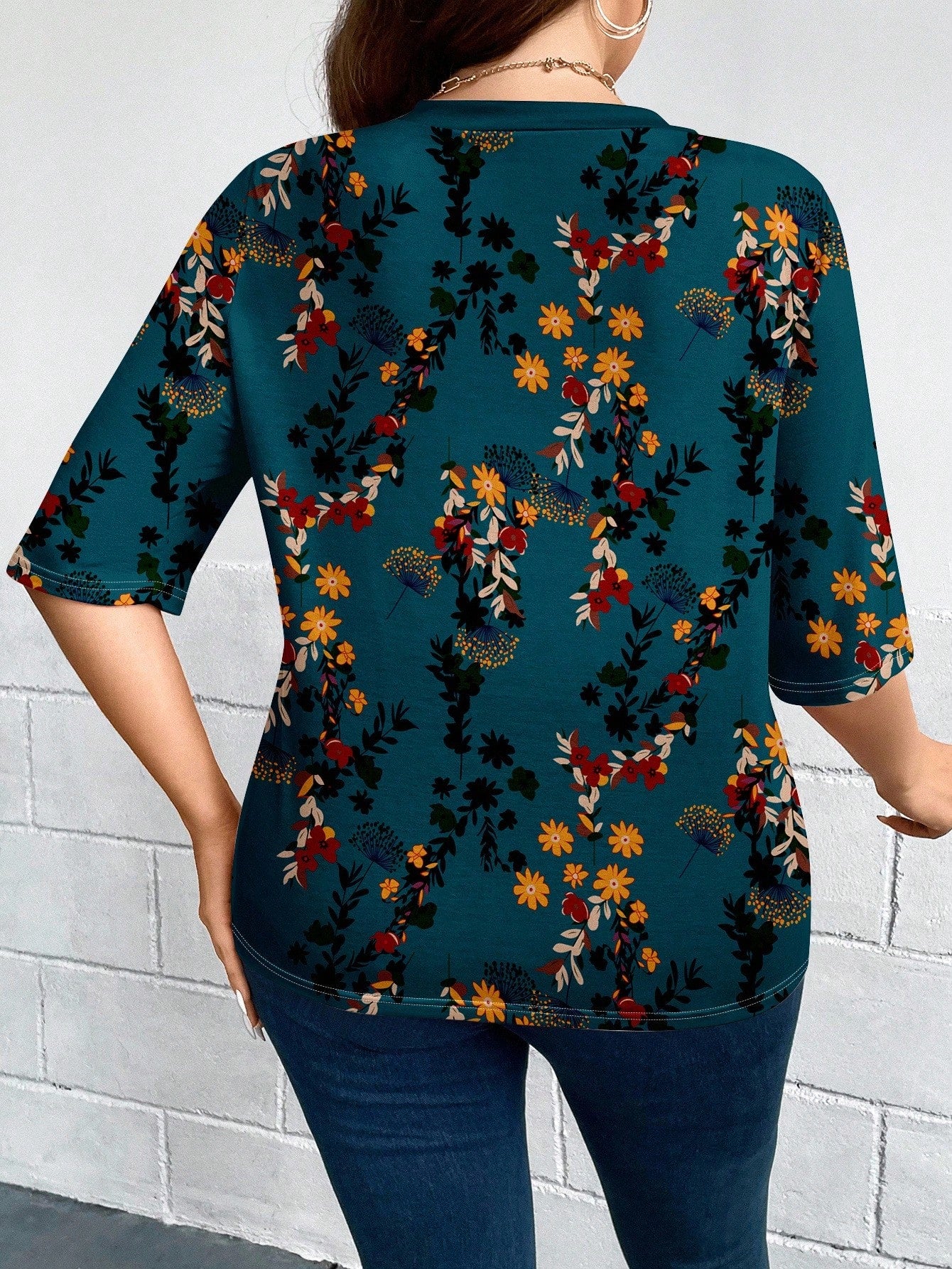 LUNE Plus Size Women Casual Elegant Floral Print 3/4 Sleeve Thin Cardigan Jacket, Suitable For Outings, Autumn/Winter Fall