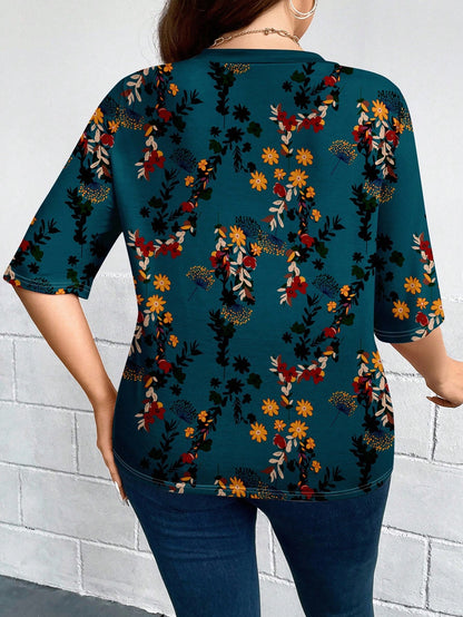 LUNE Plus Size Women Casual Elegant Floral Print 3/4 Sleeve Thin Cardigan Jacket, Suitable For Outings, Autumn/Winter Fall