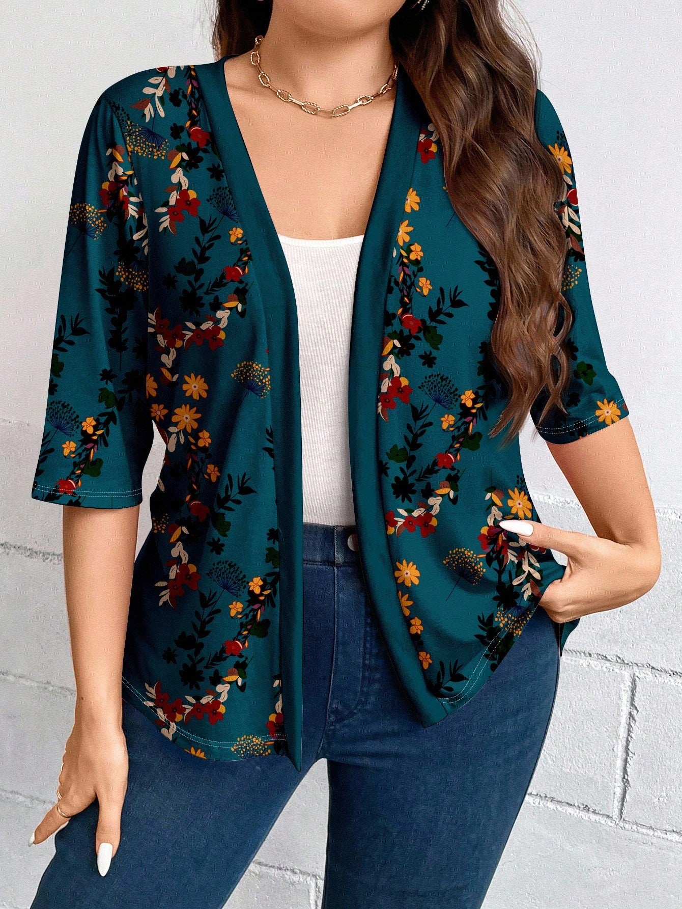 LUNE Plus Size Women Casual Elegant Floral Print 3/4 Sleeve Thin Cardigan Jacket, Suitable For Outings, Autumn/Winter Fall