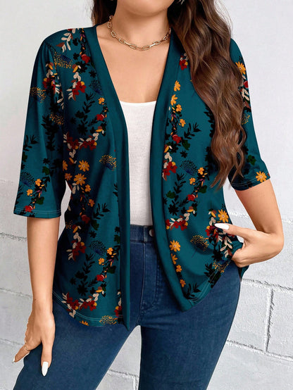 LUNE Plus Size Women Casual Elegant Floral Print 3/4 Sleeve Thin Cardigan Jacket, Suitable For Outings, Autumn/Winter Fall