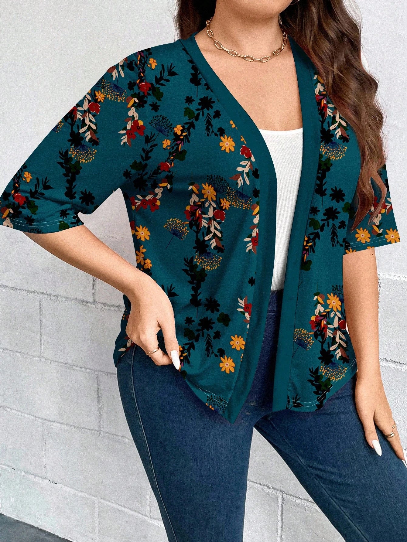 LUNE Plus Size Women Casual Elegant Floral Print 3/4 Sleeve Thin Cardigan Jacket, Suitable For Outings, Autumn/Winter Fall