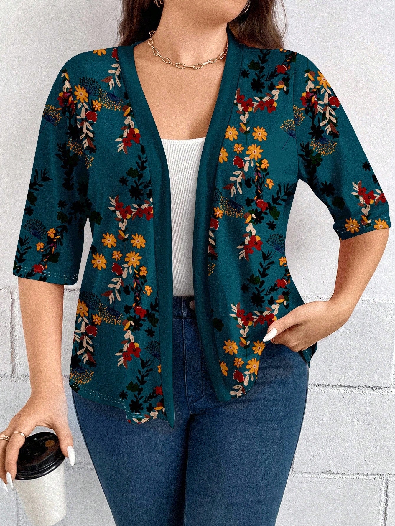 LUNE Plus Size Women Casual Elegant Floral Print 3/4 Sleeve Thin Cardigan Jacket, Suitable For Outings, Autumn/Winter Fall
