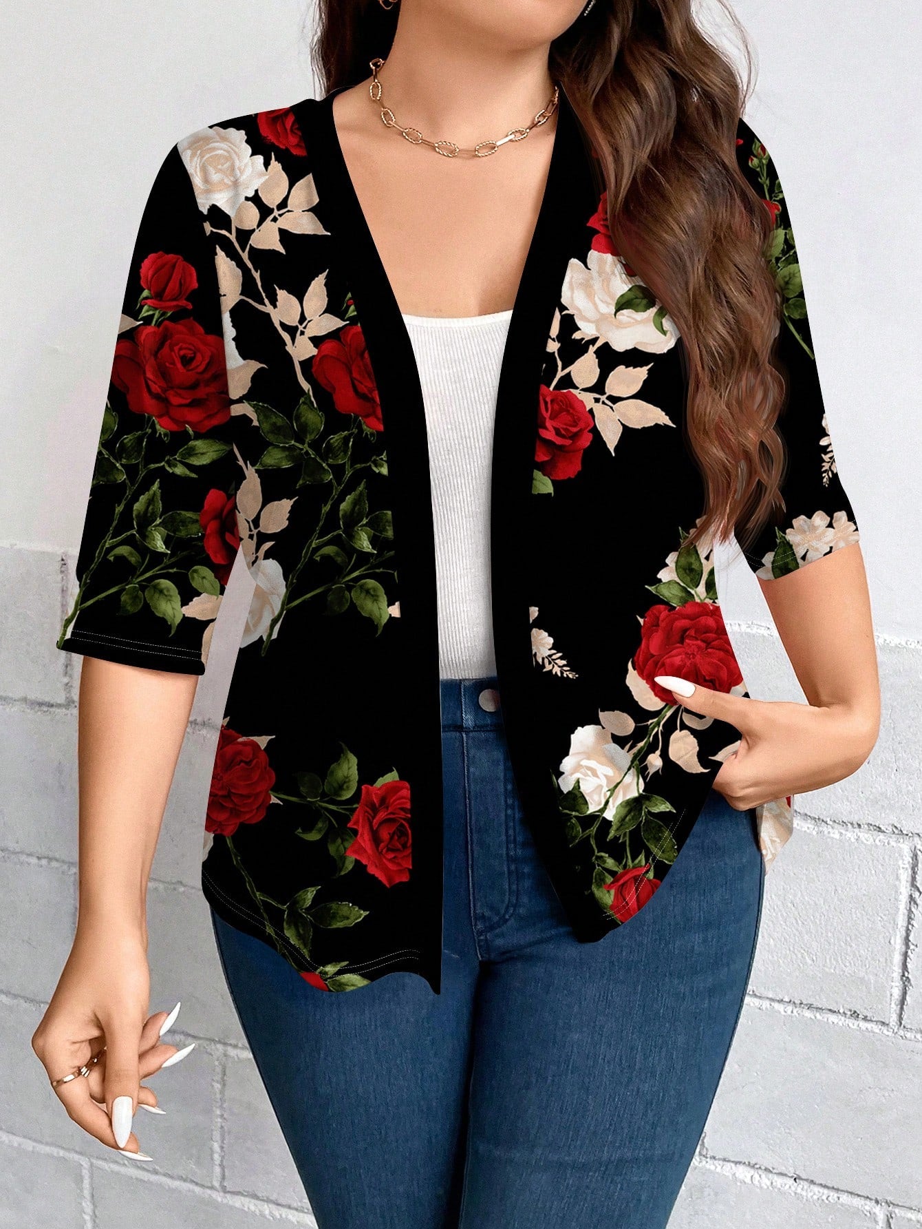 LUNE Plus Size Women Casual Elegant Floral Print 3/4 Sleeve Thin Cardigan Jacket, Suitable For Outings, Autumn/Winter Fall