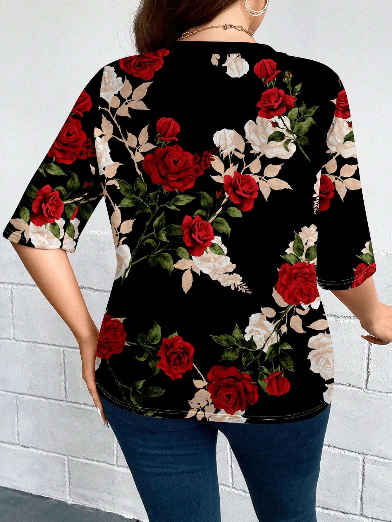 LUNE Plus Size Women Casual Elegant Floral Print 3/4 Sleeve Thin Cardigan Jacket, Suitable For Outings, Autumn/Winter Fall