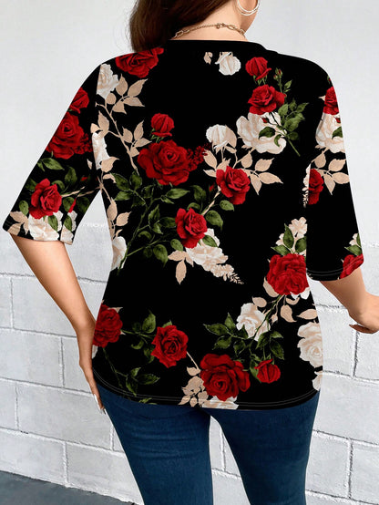 LUNE Plus Size Women Casual Elegant Floral Print 3/4 Sleeve Thin Cardigan Jacket, Suitable For Outings, Autumn/Winter Fall