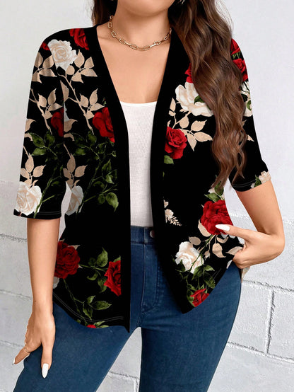 LUNE Plus Size Women Casual Elegant Floral Print 3/4 Sleeve Thin Cardigan Jacket, Suitable For Outings, Autumn/Winter Fall
