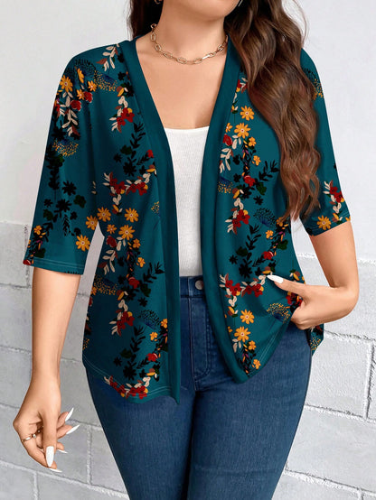 LUNE Plus Size Women Casual Elegant Floral Print 3/4 Sleeve Thin Cardigan Jacket, Suitable For Outings, Autumn/Winter Fall