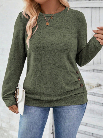 LUNE Plus Size Women Casual Long Sleeve Round Neck Button Hem T-Shirt Fall