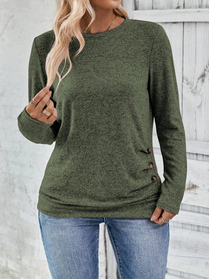 LUNE Plus Size Women Casual Long Sleeve Round Neck Button Hem T-Shirt Fall