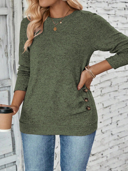 LUNE Plus Size Women Casual Long Sleeve Round Neck Button Hem T-Shirt Fall