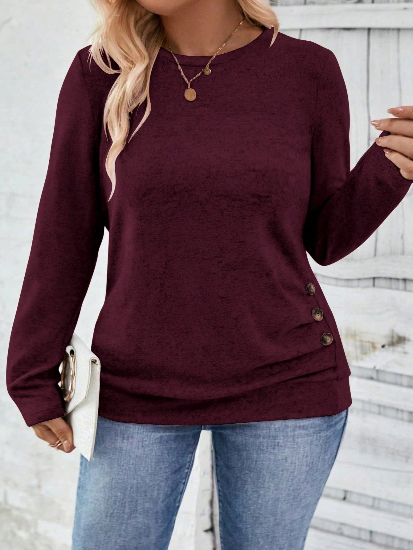 LUNE Plus Size Women Casual Long Sleeve Round Neck Button Hem T-Shirt Fall