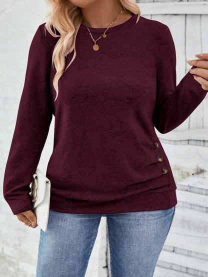 LUNE Plus Size Women Casual Long Sleeve Round Neck Button Hem T-Shirt Fall