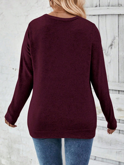 LUNE Plus Size Women Casual Long Sleeve Round Neck Button Hem T-Shirt Fall