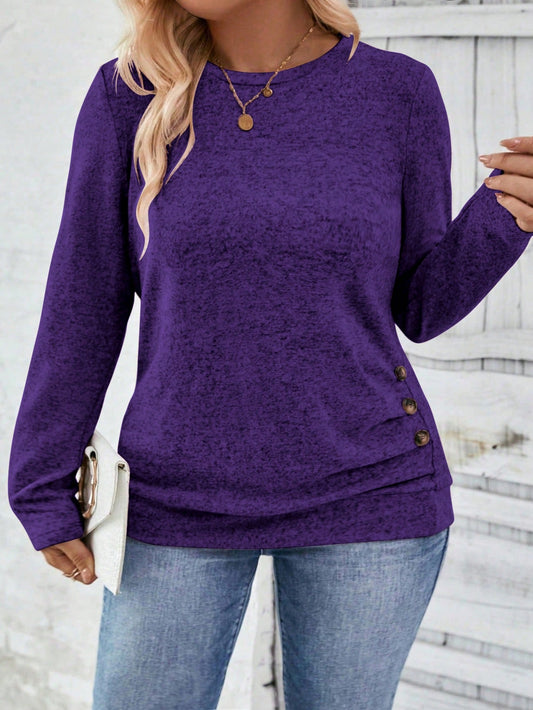 LUNE Plus Size Women Casual Long Sleeve Round Neck Ruched Hem Button Decor T-Shirt, Autumn/Winter Fall
