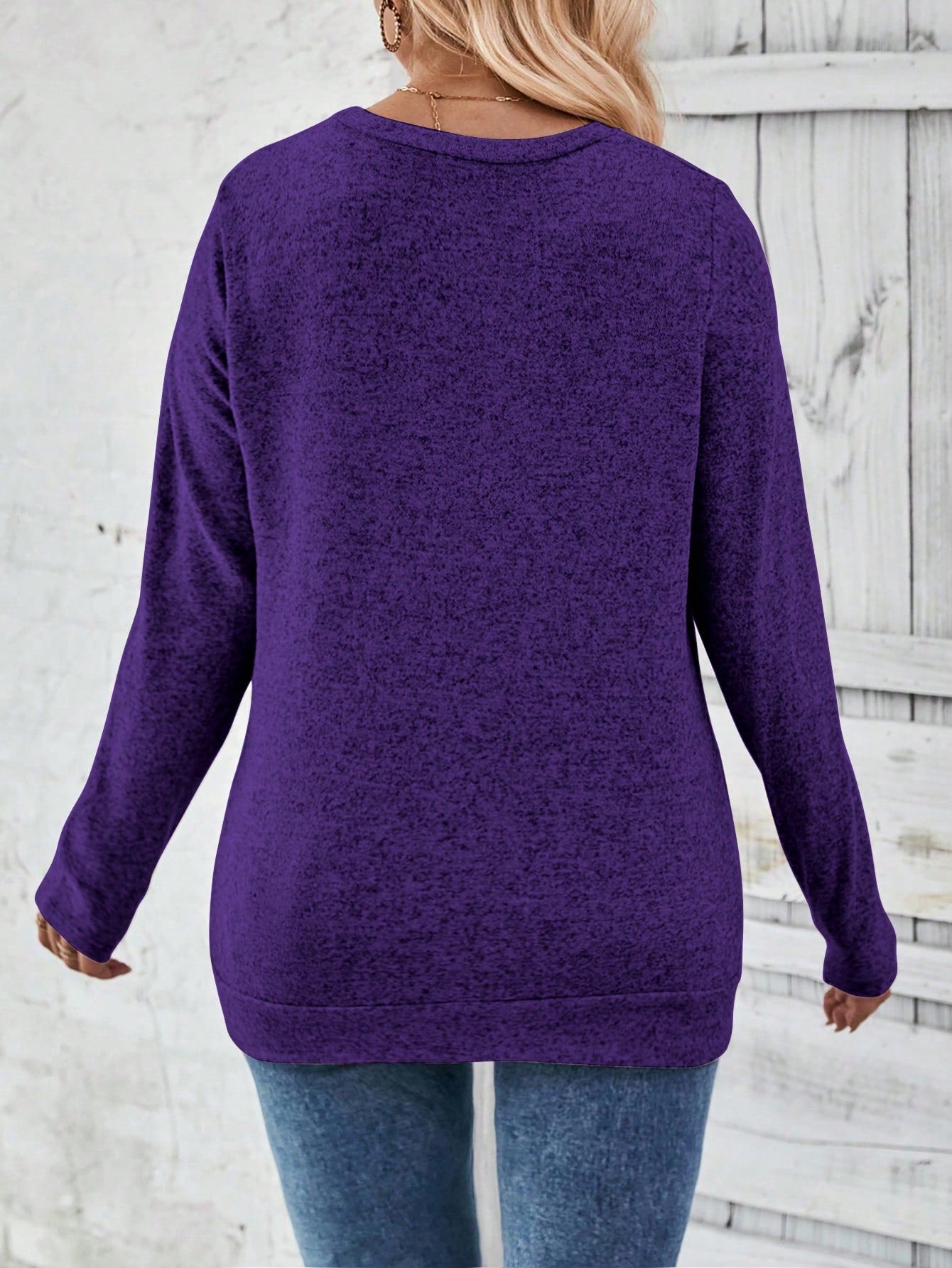 LUNE Plus Size Women Casual Long Sleeve Round Neck Ruched Hem Button Decor T-Shirt, Autumn/Winter Fall