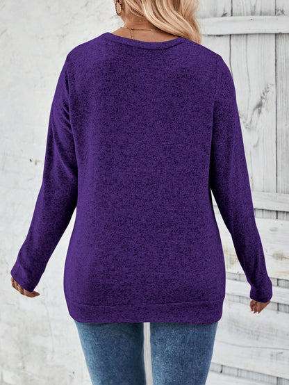 LUNE Plus Size Women Casual Long Sleeve Round Neck Ruched Hem Button Decor T-Shirt, Autumn/Winter Fall