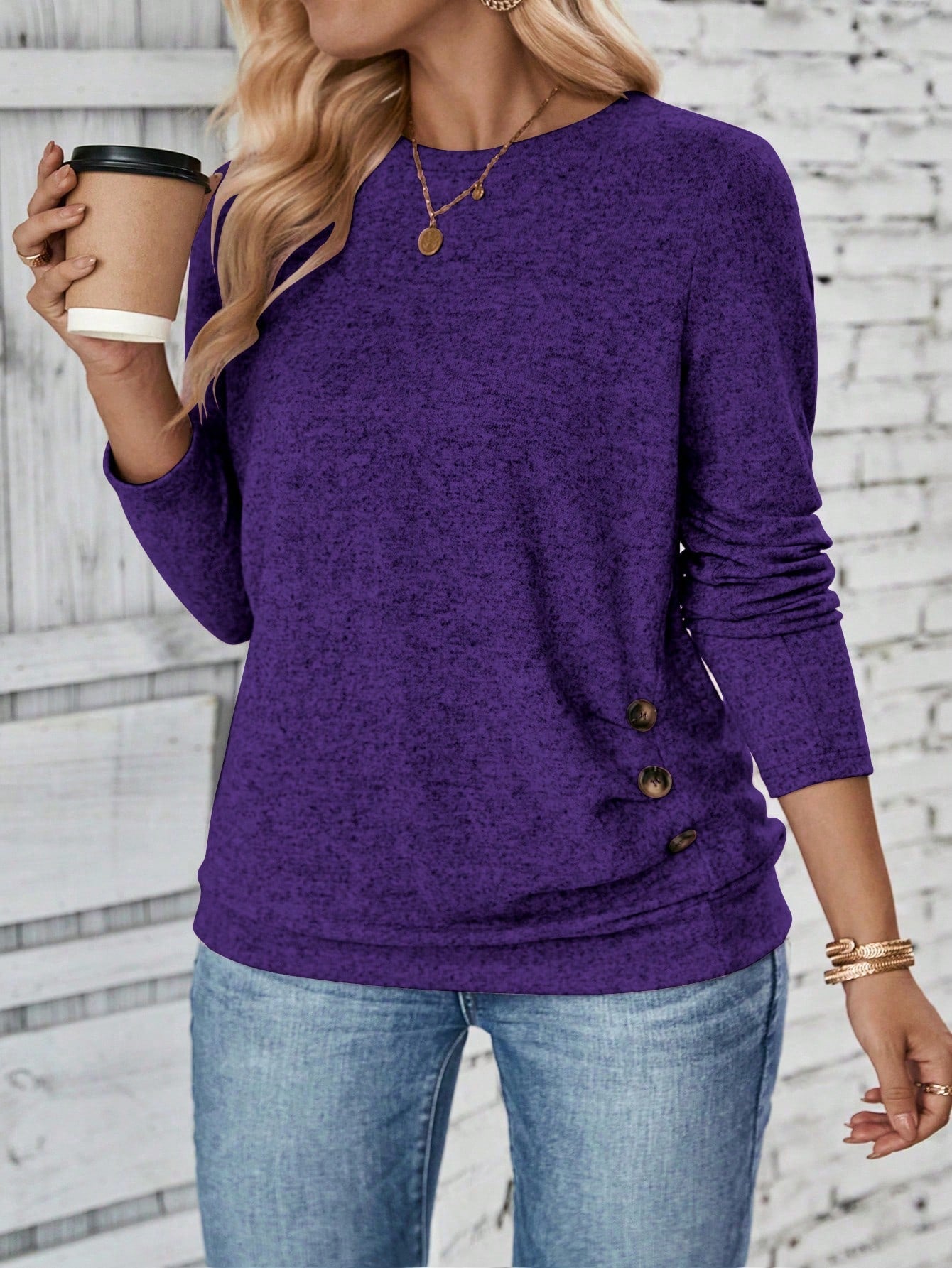 LUNE Plus Size Women Casual Long Sleeve Round Neck Ruched Hem Button Decor T-Shirt, Autumn/Winter Fall