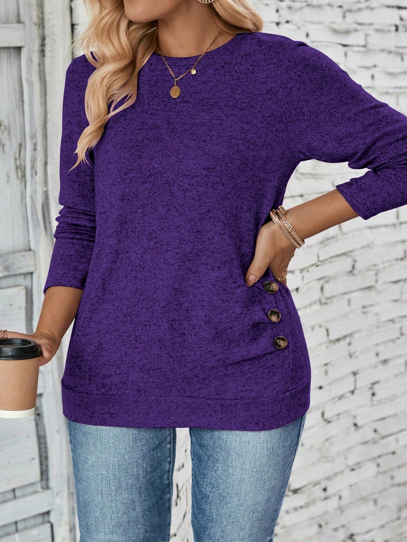 LUNE Plus Size Women Casual Long Sleeve Round Neck Ruched Hem Button Decor T-Shirt, Autumn/Winter Fall