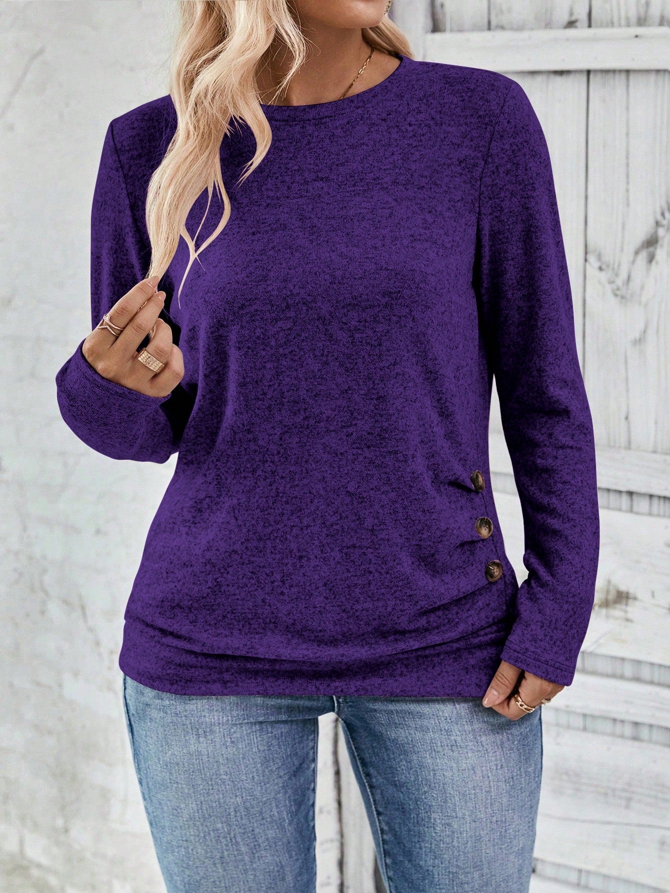 LUNE Plus Size Women Casual Long Sleeve Round Neck Ruched Hem Button Decor T-Shirt, Autumn/Winter Fall