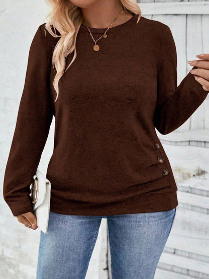LUNE Plus Size Women Casual Long Sleeve Round Neck Ruched Hem Button Decor T-Shirt, Autumn/Winter Fall