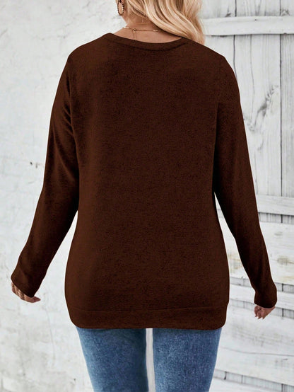 LUNE Plus Size Women Casual Long Sleeve Round Neck Ruched Hem Button Decor T-Shirt, Autumn/Winter Fall