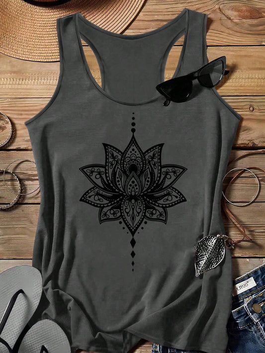LUNE Plus Size Women Casual Minimalist Dark Grey Lotus Graphic Racerback Tank Top, Suitable For Summer