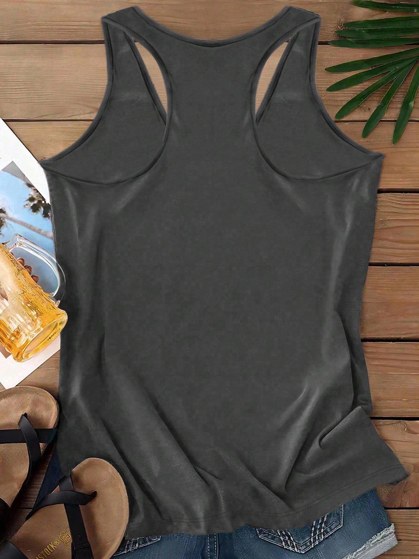 LUNE Plus Size Women Casual Minimalist Dark Grey Lotus Graphic Racerback Tank Top, Suitable For Summer