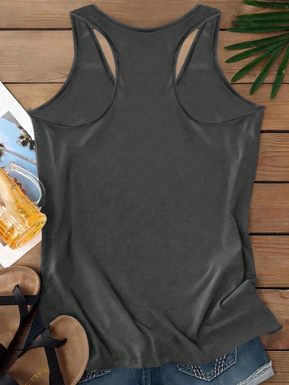 LUNE Plus Size Women Casual Minimalist Dark Grey Lotus Graphic Racerback Tank Top, Suitable For Summer