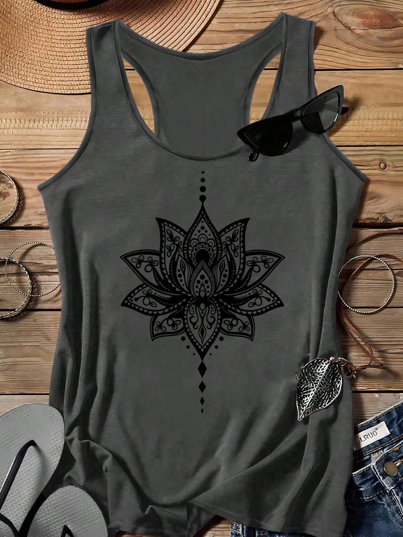 LUNE Plus Size Women Casual Minimalist Dark Grey Lotus Graphic Racerback Tank Top, Suitable For Summer