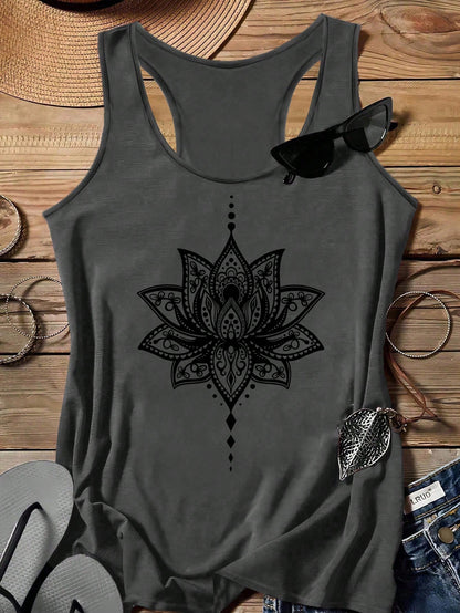 LUNE Plus Size Women Casual Minimalist Dark Grey Lotus Graphic Racerback Tank Top, Suitable For Summer