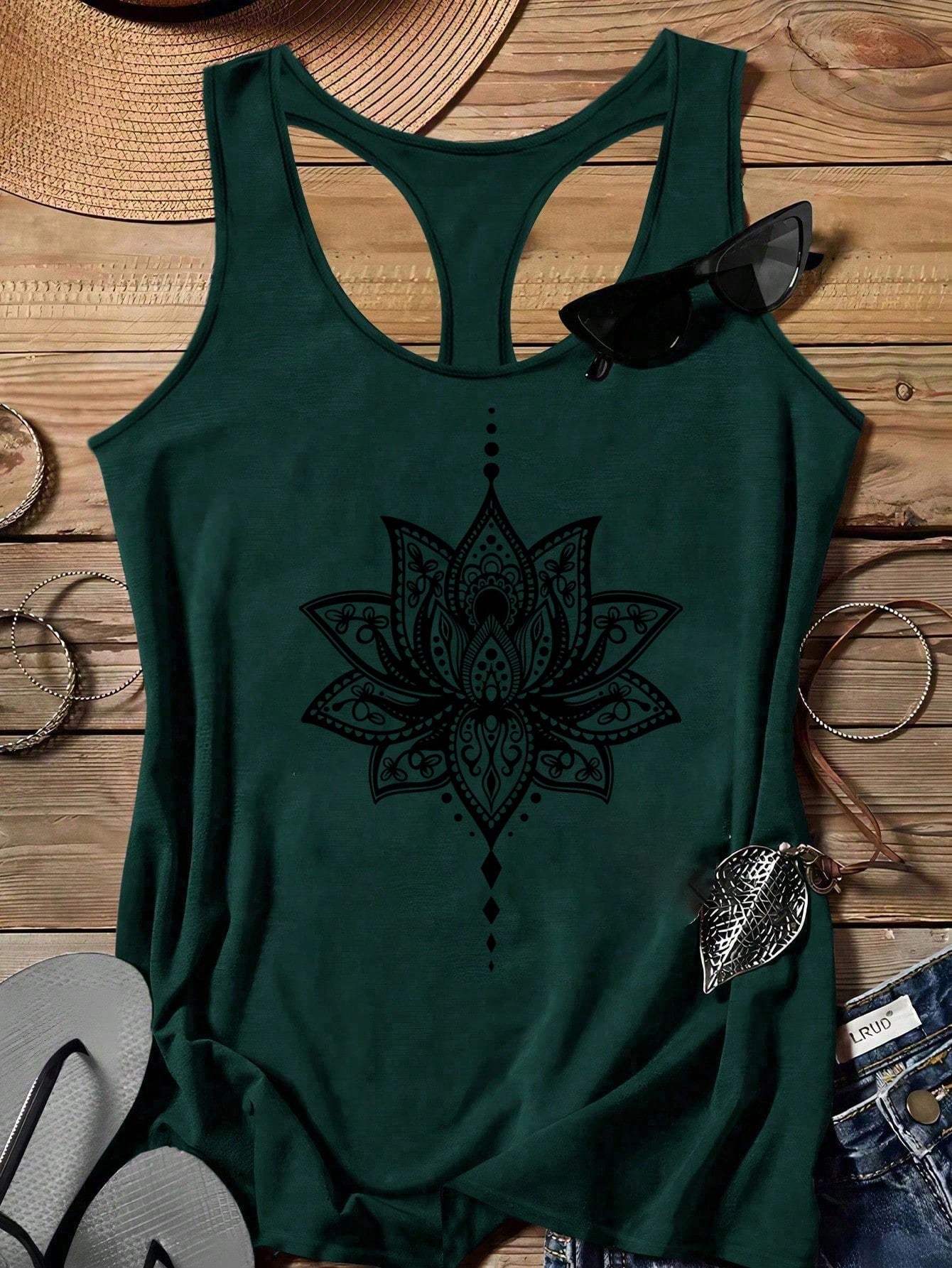LUNE Plus Size Women Casual Minimalist Lotus Flower Pattern Racerback Tank Top, Suitable For Summer