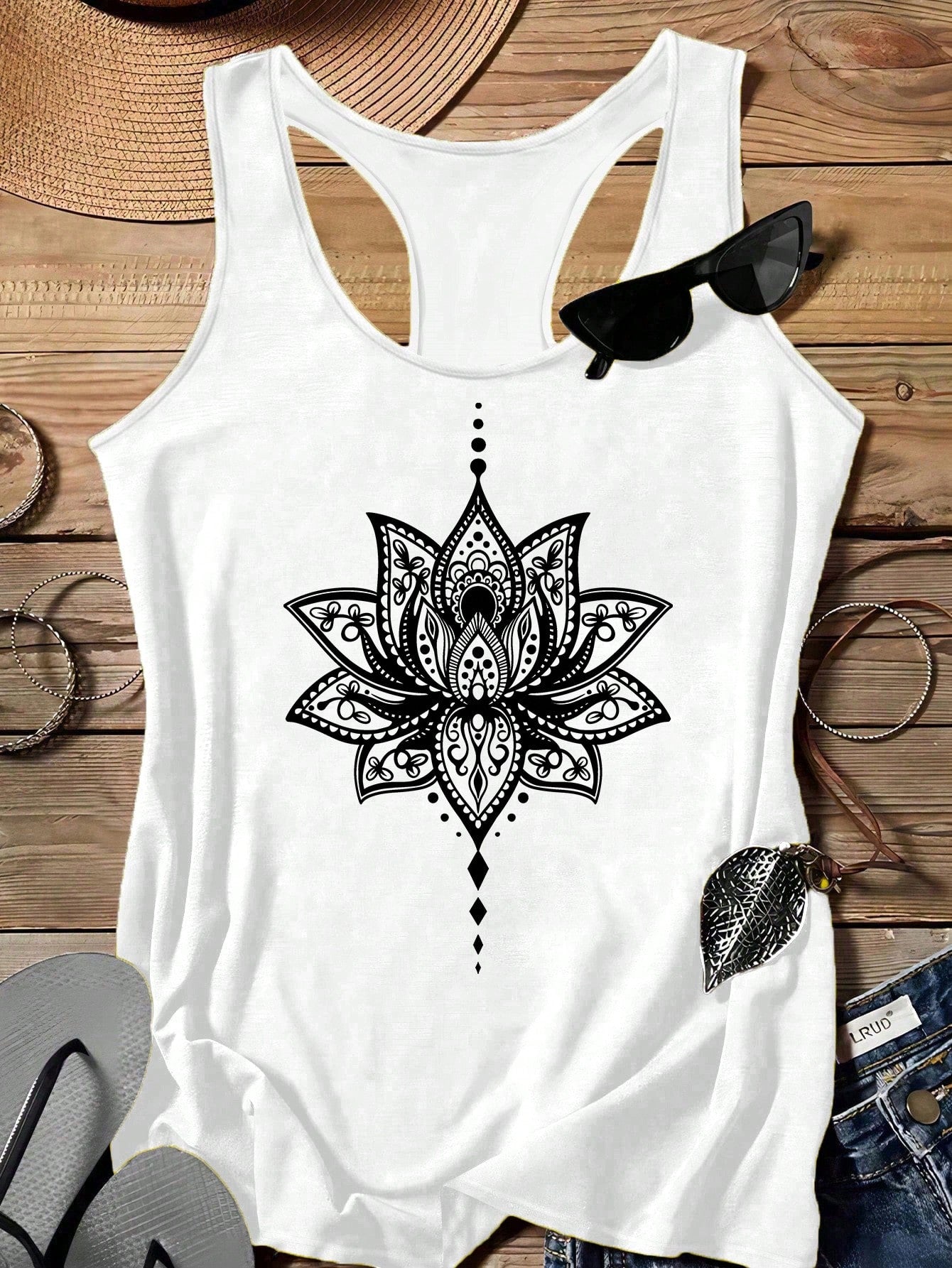 LUNE Plus Size Women Casual Minimalist Lotus Flower Pattern Racerback Tank Top, Suitable For Summer