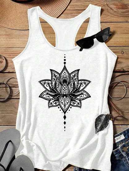 LUNE Plus Size Women Casual Minimalist Lotus Flower Pattern Racerback Tank Top, Suitable For Summer