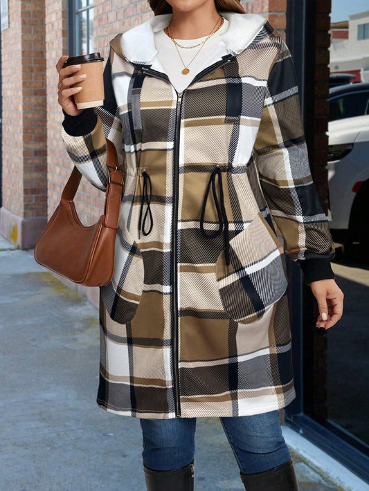 LUNE Plus Size Women Casual Plaid Print Cinched Waist Zip-Up Hooded Fleece Jacket, Suitable For Commuting, Autumn/Winter
